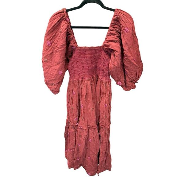 Free People Dahlia Embroidered Maxi Dress XS Rust Coral Smocked Boho Cotton - Picture 6 of 14